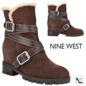 Nine West Davyd Wedge Buckle Booties Brown Suede Leather Women's Winter Boots 8